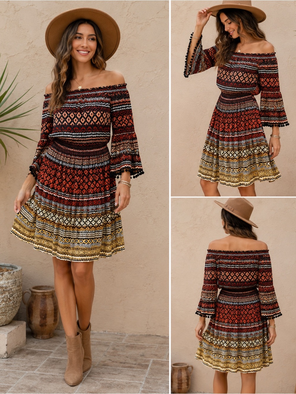 Mystree Boho Off Shoulder Bell Sleeve Midi Dress Pom Pom Trim Rayon Medium